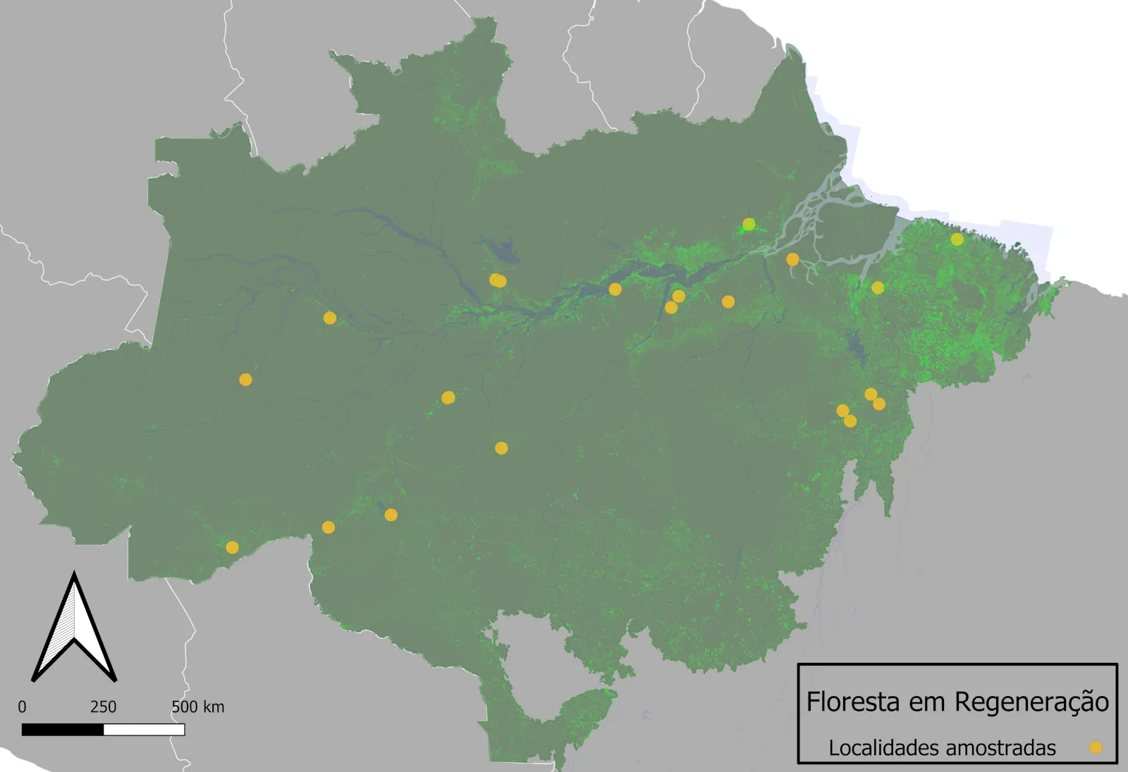 Figura 1: Localização das parcelas de florestas em regeneração natural inventariadas entre o ano de 2002 a 2009. O mapa mostra o uso da terra no Brasil em 2019 e 448 parcelas distribuídas em 24 locais na floresta amazônica.