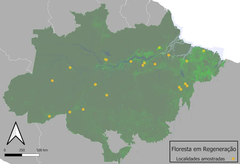 Figura 1: Localização das florestas secundárias inventariadas em campo. O mapa mostra a cobertura de florestas secundárias no ano de 2019 e a localização dos 23 locais de amostragem das > 450 parcelas.