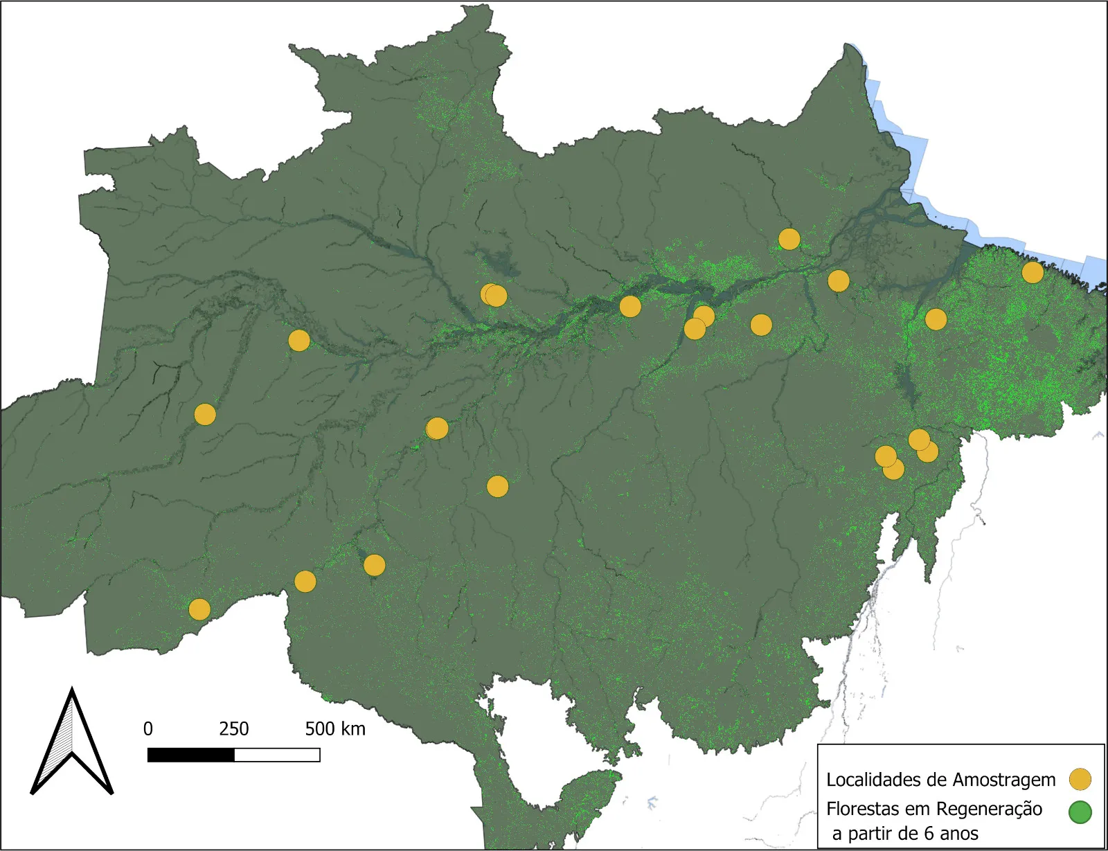 Mapa 1: Localização das áreas de estudo com  parcelas de amostragem de florestas secundárias, compiladas pelo Projeto - GT1.